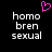 Black background with white pixelated text 'homo bren sexual' repeated twice, a pink pixelated heart symbol above the left text block.