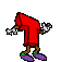 Pixelated character in red shirt and purple shoes performs sequential arm movements against gray background.