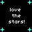 Black background with cyan star shapes and repeated white text 'love the stars!' in pixelated font.