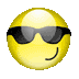 Four spherical icons in yellow, red, purple, and green with black sunglasses and curved smiles on a gray background.
