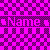 A static pixel art icon with a checkerboard background of bright pink and dark purple squares, featuring the word 'Name' in large pink letters centered horizontally.