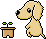 Pixel art animation of a yellow dog with green plants in brown pots, showing sequential movement across frames on a gray background.
