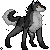 Pixelated wolf-like creature with gray and white fur, black outline, orange eye, curved tail, and four legs standing against light gray background.