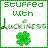 Pixelated green text reads "STUFFED WITH LUCKINESS" above a four-leaf clover on white background with green border.