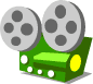 Green film projector with two reels, yellow circular light, and white control buttons on a white background.