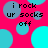 A static image with a bright pink background featuring scattered cyan and blue circles, overlaid with black text reading "i rock ur socks off" in three lines.