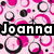 Pink background with overlapping black and white circles; two instances of the name "Joanna" in bold pixelated text.