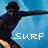 A surfer in a dark wetsuit rides a wave with the word SURF displayed below, showing two distinct text color states.