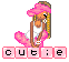 Pixelated character with pink headwrap and pants, white top, seated pose, text "cutie" below on pink