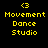 Four identical pixel-art display yellow text on black background with pink highlights, each showing 'Movement Dance Studio' and a '<3' symbol