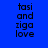 Blue background with black pixelated text reading 'tasi and ziga love' in two identical vertical