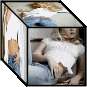 A woman with blonde hair in a white shirt and blue jeans appears in multiple poses across a cube-shaped view of an animated sequence.