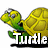 Pixelated green turtle with yellow shell in side profile, head turned left, mouth open, text below reads 'Turtle Races' in white block letters.