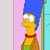 Pixelated cartoon character with blue hair, yellow skin, red collar, green lower body, and white eyes against pink background.