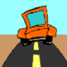 Animated orange vehicle with blue screen drives on yellow-lined road past signs and buildings against light blue sky.
