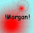 !Morgan! text appears in black pixelated font over light blue background with red circular blurs; four distinct animation states show varying positions of the red blur and a small white circle.