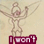 Pixelated cartoon character with raised arms and wings, standing on text that reads "I won't grow up." in maroon background.