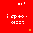 Red background with white pixelated text 'o hai!' and 'i speek lolcat' arranged in a , animated yellow star and dot elements appear and disappear across frames