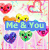 Animated icon with heart-shaped characters and text overlays in pastel colors, showing sequential text changes.