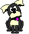 Pixelated dog with black and cream fur, pink collar, sitting pose on gray background showing three sequential animation frames.