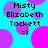 Pixelated text 'Misty Elizabeth Tackett =)' on cyan background with overlapping purple and pink circles.