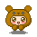 A 4-frame pixel art animation of a character in a brown bear costume with changing poses and expressions on a gray background.