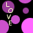 Black background with scattered purple and pink circles; vertical 'LOVE' text in yellow letters on left side of each circle.