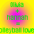 Green pixelated text on a yellow background with pink-to-orange gradient circles, displaying 'Olivia + hannah =' and 'volleyball love' in two