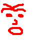 Red pixelated face with squinting eyes, curved mouth, and open oval-shaped mouth on gray background.
