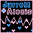 Pixelated icon with 'Jarrett + Alexis' text above pink and blue heart-shaped wave patterns on black background.