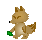 Pixel art animation of a brown fox-like creature holding green gems in four sequential frames showing movement and gem scattering.