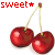Red pixelated cherries with stems and a red 'sweet*' text above on white background.
