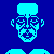 Pixelated blue icon of a human face with closed eyes, flat top hair, and visible ears against dark blue background.