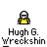 A 4x4 contact sheet of a pixel art animation featuring a yellow stick figure with white hair, displaying sequential text changes across frames on a gray background.
