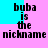 Pixelated text 'buba is the nickname' repeated in four quadrants on a pink and cyan background with shifting color blocks.