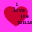 Red heart shape on bright pink background with text "i love joe jonas" in dark purple pixelated font.