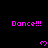 Pixelated pink text "Dance!!!" and heart symbols on black background with gray corner overlay.