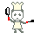 A 4-frame pixel art animation of a stick-figure chef character with crown, apron, and red hands holding kitchen utensils in various poses against gray background.