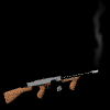 A repeating of identical cartoon rifles with brown wooden stocks and silver metal barrels, each emitting a thin vertical wisp of gray smoke against black background