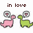 Pixelated image of two dinosaurs facing each other with thought bubbles containing hearts above their heads and the text 'in love' at the top.
