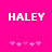 Bright pink background with white text 'HALEY' and five light pink heart symbols below, showing animation where hearts shift position.