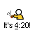 A pixelated character in a yellow shirt holds a smoking object, with text reading "It's 4:20!" below; smoke plumes grow larger
