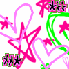 Pixelated pink, green, and white graphic with multiple star shapes, heart outlines, and two clusters of three black asterisks on pink backgrounds.