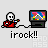 Pixel art animation of a red-shirted figure playing guitar next to a TV displaying colorful static, with 'irock!!' text below.