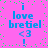 Pixelated text on pink background with green dots; blue text reads 'i love bretiel <3 !' in two vertical