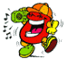 Red cartoon character with orange cap, green shoes, yellow gloves holding green camera, smiling widely with pink tongue visible.