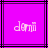 Pixelated text 'domi' on a bright purple background with black lines, showing slight animation changes between frames