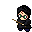 Pixel art character with black hair, green eyes, and red mark on forehead holds brown wand; yellow sparkles appear in later frames against gray background.