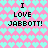 Pixelated text "I LOVE JABBOTT!" repeated four times on a heart-patterned background with color shifts.