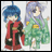 Animated contact sheet showing two anime-style characters in red and green outfits with blue and purple hair, alongside pixelated text reading "Anime IM" and "COM" on a black background.